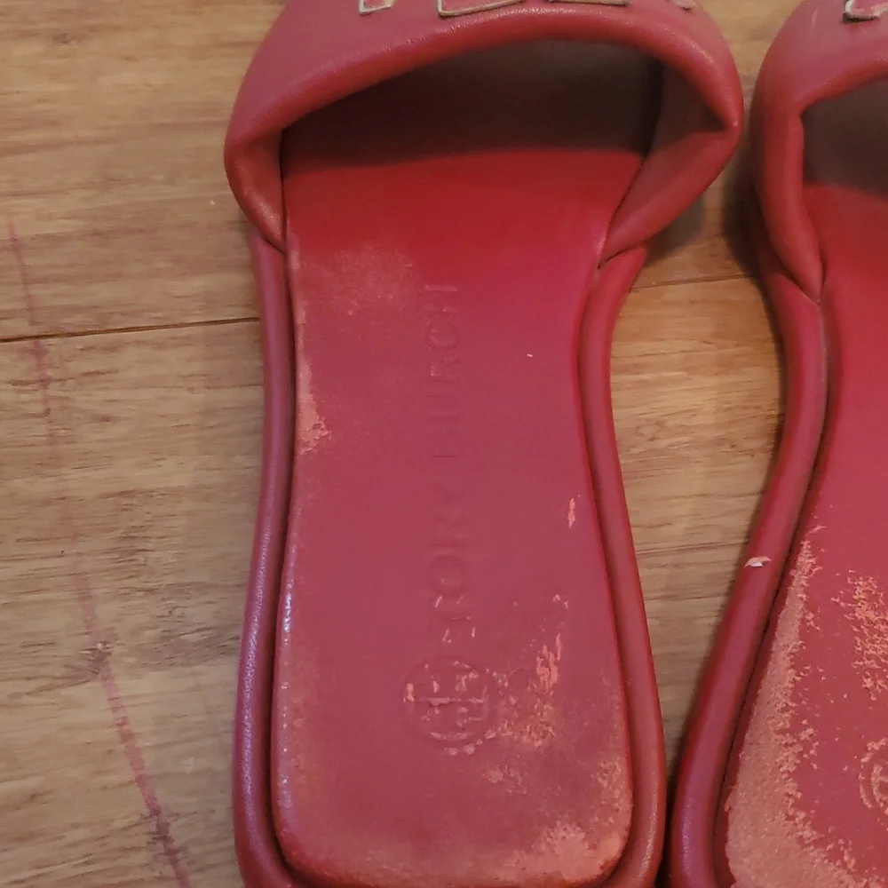 Tory Burch Red Slide Sandals with Gold Logo